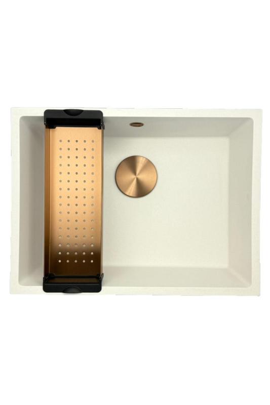 GraniteMy Universele granieten witte gootsteen 55x40 cm bílá montáž na desku, pod desku a do roviny s měděnou zátkou 1208967156