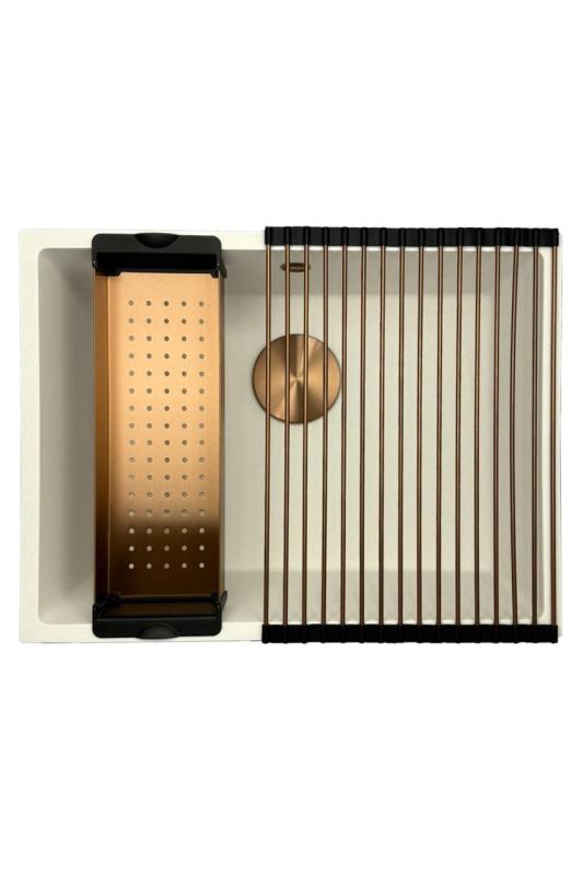 GraniteMy Universele granieten witte gootsteen 55x40 cm bílá montáž na desku, pod desku a do roviny s měděnou zátkou 1208967156