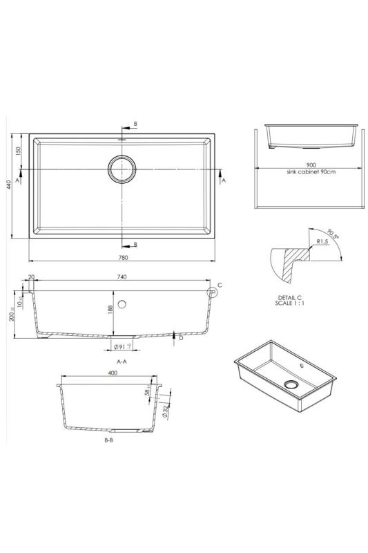 GraniteMy Universal granitový velký bílý dřez 74x40 cm bílý pro horní, spodní a plochou montáž s bílou zátkou 1208967160