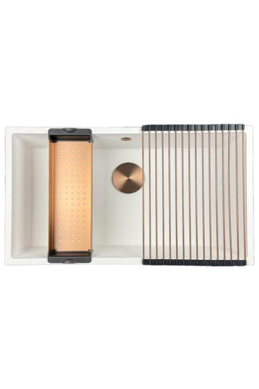 GraniteMy Universal granitový velký bílý dřez 74x40 cm bílý instalace na pracovní desku, pod pracovní desku a s rovným okrajem s měděnou zátkou 1208967162