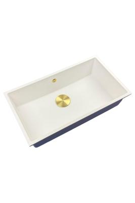 GraniteMy Universal granitový velký bílý dřez 74x40 cm bílý s montáží na desku, pod desku a srovnanou s deskou se zlatou zátkou 1208967163