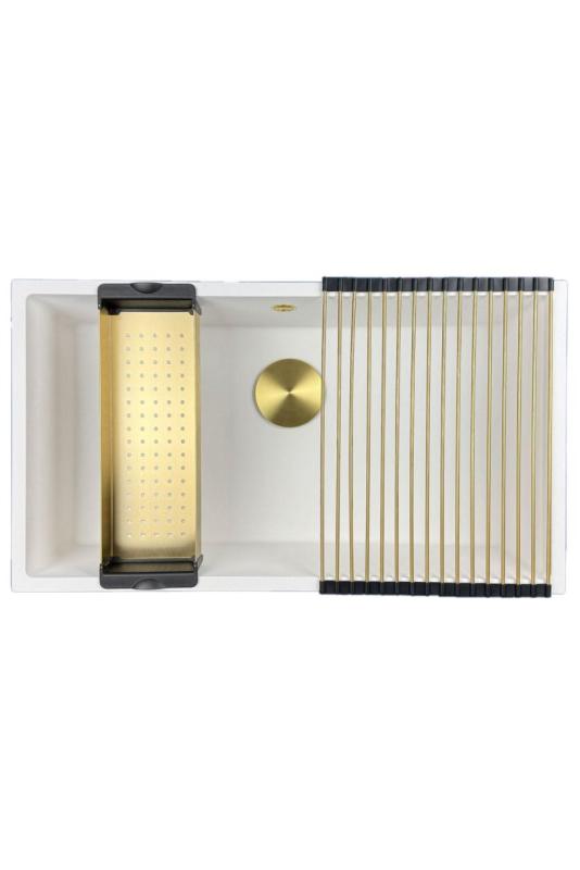 GraniteMy Universal granitový velký bílý dřez 74x40 cm bílý s montáží na desku, pod desku a srovnanou s deskou se zlatou zátkou 1208967163