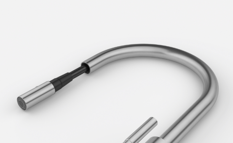 Franke Mythos Masterpiece kuchyňská baterie s výtokem ve tvaru J a výsuvnou sprchovou hlavicí, kompletně z nerezové oceli, 115.0711.554