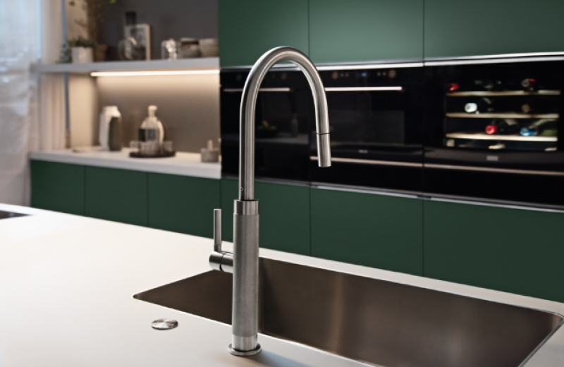 Franke Mythos Masterpiece kuchyňská baterie s výtokem ve tvaru J a výsuvnou sprchovou hlavicí, kompletně z nerezové oceli, 115.0711.554