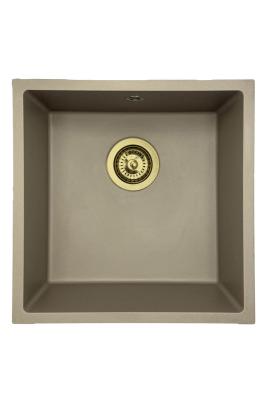 GraniteMy Universal žulový taupe dřez 40x40 cm pro montáž na pracovní desku, pod pracovní desku a do roviny s pracovní deskou se zlatou zátkou 1208967215