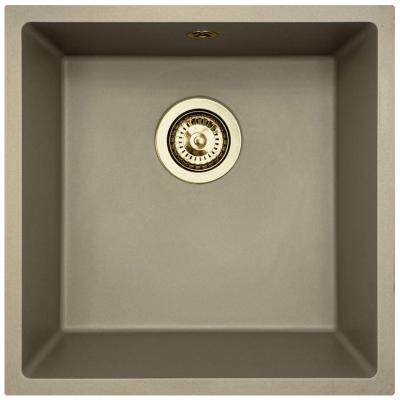GraniteMy Universal žulový taupe dřez 40x40 cm pro montáž na pracovní desku, pod pracovní desku a do roviny s pracovní deskou se zlatou zátkou 1208967215
