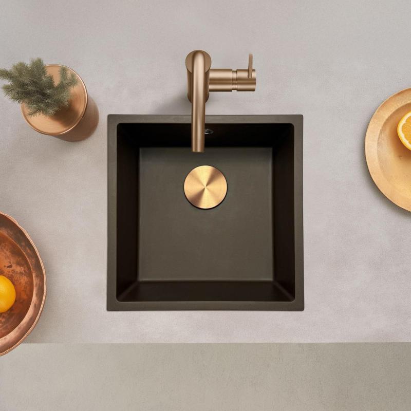 GraniteMy Universal granitový kuchyňský dřez 40x40 cm pro montáž na povrch, pod povrch a do roviny s měděnou zátkou 1208967217