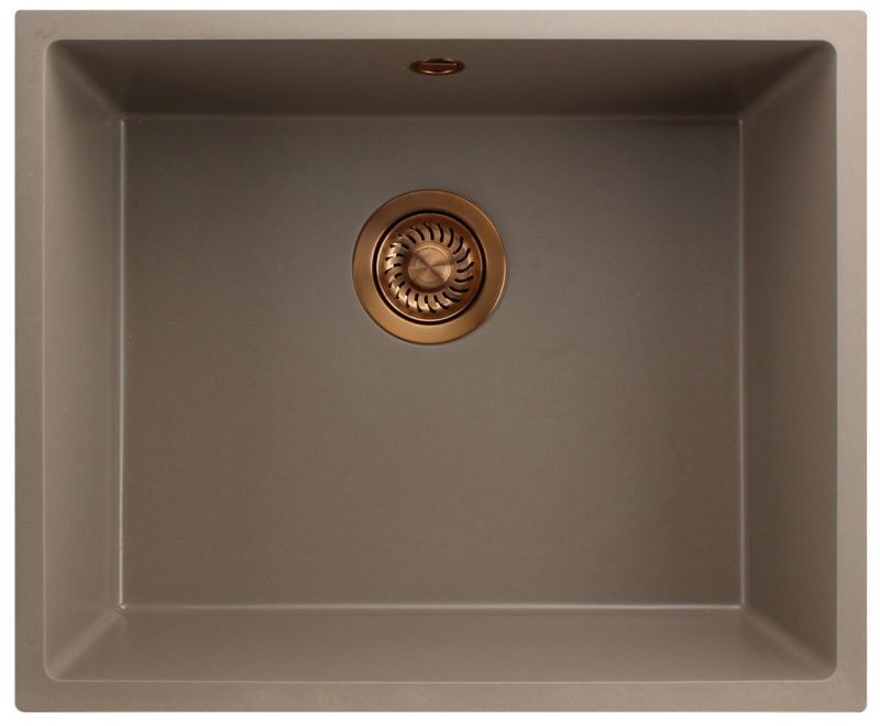 GraniteMy Universal granitový taupe dřez 50x40 cm na desku, pod desku a s rovným okrajem s měděnou zátkou 1208967225