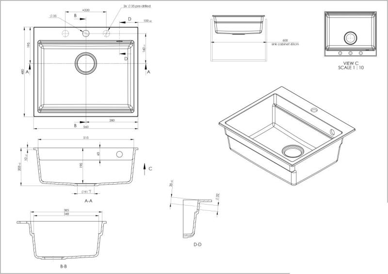 GraniteMy Steam žulový dřez 56x48 cm černý na pracovní desku s měděnou zátkou včetně příslušenství 1208967234