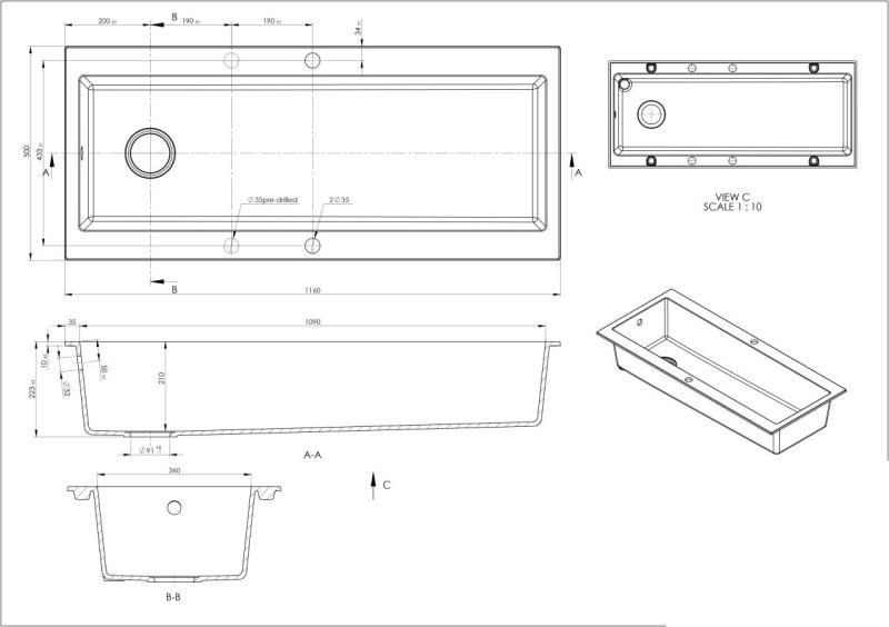 GraniteMy Trog žulový velký černý dřez 116x50 cm černý montovaný s otvorem pro baterii s nerezovou zátkou 1208967236