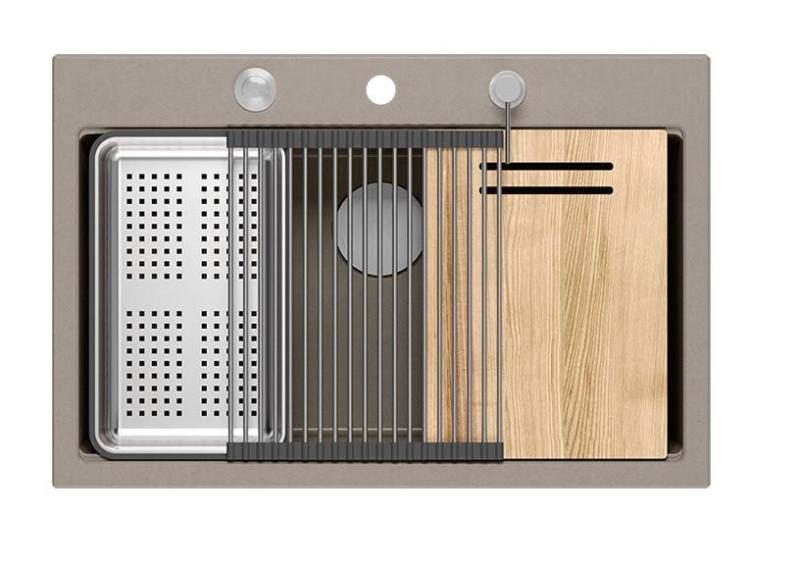 Quadri Hard Rock taupe žulový vestavěný dřez 76x50 cm včetně nerezové zátky a příslušenství 1208967270