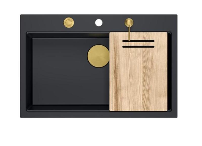 Quadri Hard Rock matně černý žulový vestavný velký dřez 76x50cm včetně zlaté výpusti a příslušenství 1208967277