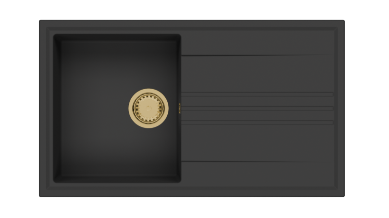 GraniteMy Vesi granitový nástavbový černý dřez 86x50cm s odkapávačem, reverzibilní s zlatým zátkou 1208967289