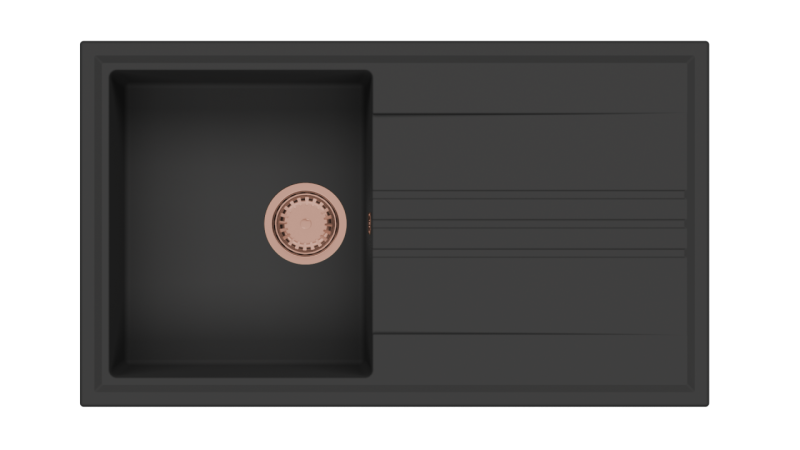 GraniteMy Vesi granitový nástavbový černý dřez 86x50cm s odkapávačem otočným s měděnou zátkou 1208967290