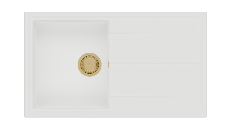 GraniteMy Vesi granitový nástavbový bílý dřez 86x50cm s odkapávačem, reverzibilní s zlatým uzávěrem 1208967293