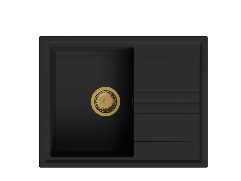 GraniteMy Vesi granitový nástavný černý dřez 64x50cm s odkapávačem, reverzibilní s zlatým uzávěrem 1208967296