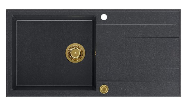 Quadri Luton antracitový granitový nástavný dřez s odkapávací plochou, otočný 100x50cm se zlatým uzávěrem 1208967322