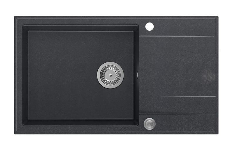 Quadri Luton antracitový žulový velký vestavěný dřez s odkapávací plochou oboustranný 86x50cm s nerezovou zátkou 1208967333