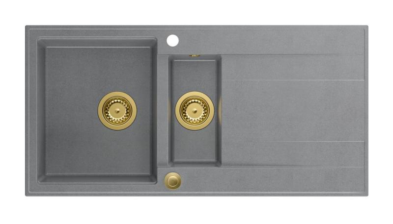 Quadri Luton šedý žulový dřez s odkapávačem, oboustranný, 100x50 cm, se zlatou zátkou 1208967351