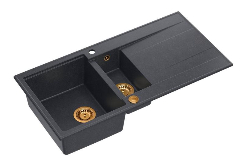 Quadri Luton antracitový žulový dřez s odkapávací plochou, oboustranný, 100x50 cm, s měděnou zátkou 1208967355