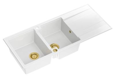 Quadri Luton vestavný dvojitý granitový dřez bílý s odkapávačem 116x50 cm se zlatou zátkou 1208967358