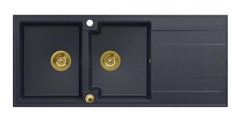 Quadri Luton vestavný dvojitý granitový dřez antracit s odkapávačem 116x50 cm se zlatou výpustí 1208967364