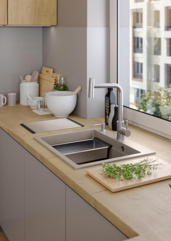 Quadri Durham taupe granitový nástavný dřez 595x500 s dávkovačem mýdla, prkénkem na krájení, vložkovým dřezem a rohožkou 1208967376