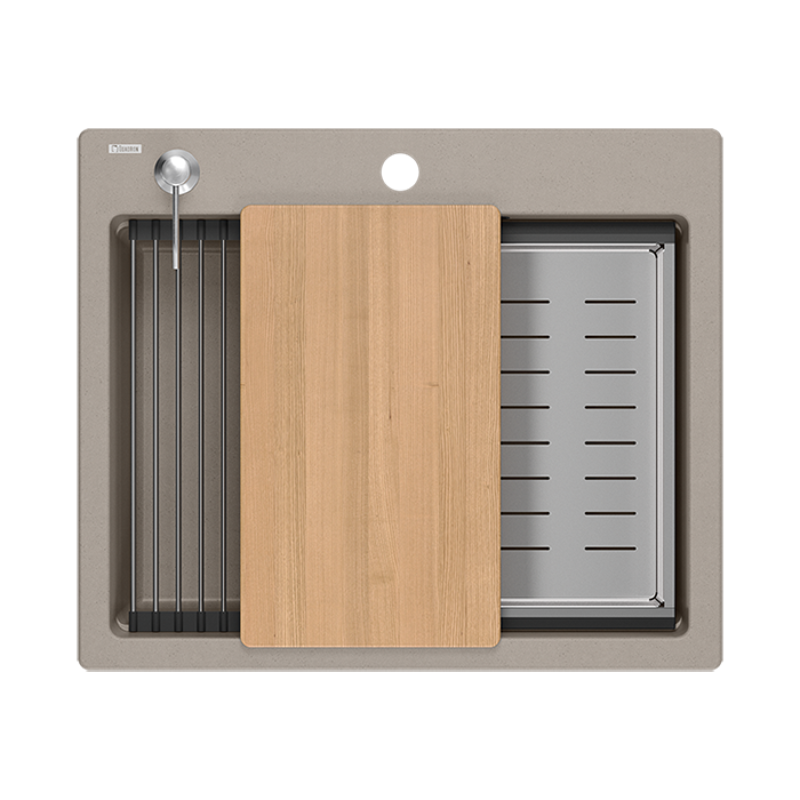 Quadri Durham taupe granitový nástavný dřez 595x500 s dávkovačem mýdla, prkénkem na krájení, vložkovým dřezem a rohožkou 1208967376