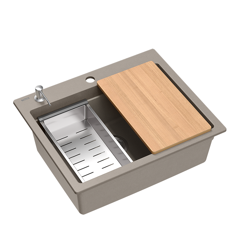 Quadri Durham taupe granitový nástavný dřez 595x500 s dávkovačem mýdla, prkénkem na krájení, vložkovým dřezem a rohožkou 1208967376