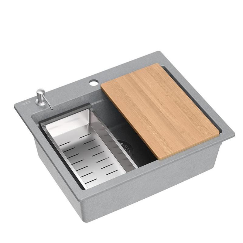 Quadri Durham šedý granitový nástavbový dřez 595x500 se dávkovačem na mýdlo, prkénkem na krájení, vloženým dřezem a rolovací podložkou 1208967378