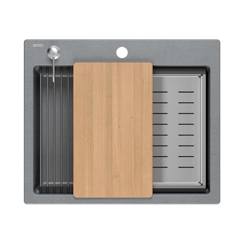 Quadri Durham šedý granitový nástavbový dřez 595x500 se dávkovačem na mýdlo, prkénkem na krájení, vloženým dřezem a rolovací podložkou 1208967378