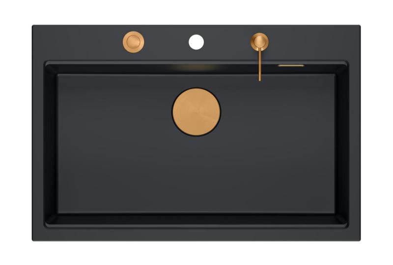 Quadri Hard Rock matně černý žulový nástavec velký dřez 76x50cm včetně měděné zátky a příslušenství 1208967423