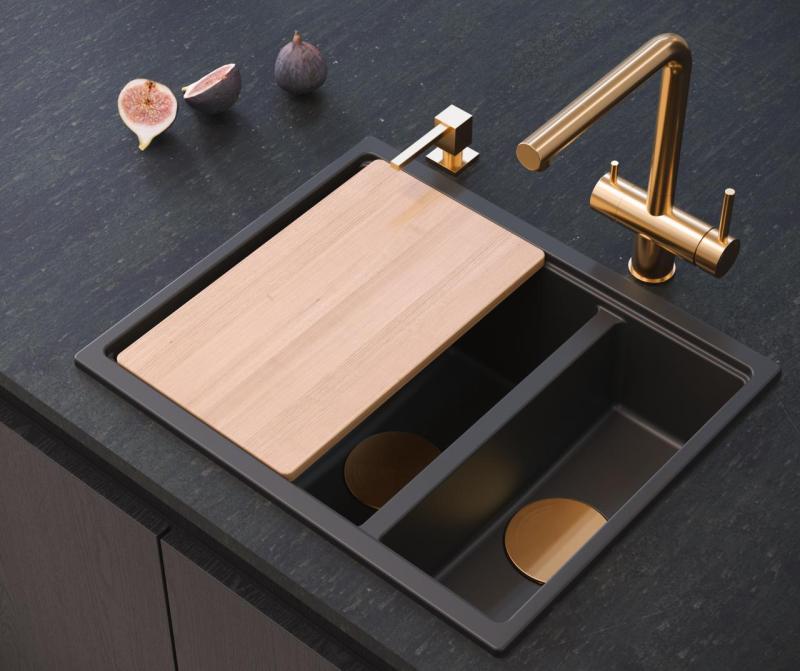 Quadri Newport II černý 1,5 dřez granit instalace na desku a pod desku 555x460mm s měděnou zátkou 1208967465