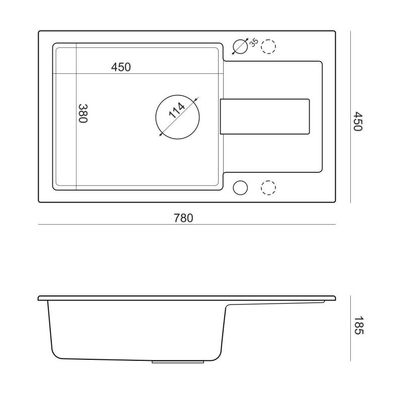 Quadri Sutton XL antracitový žulový vestavěný dřez 78x45cm s odkapávací plochou, oboustranný, s černým uzávěrem 1208967494