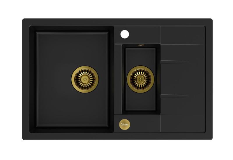 Quadri Brenton černý žulový dřez s odkapávačem 78x50cm se zlatou výpustí 1208967554