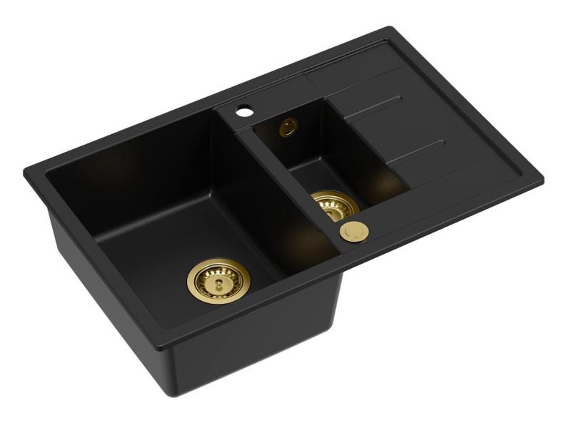 Quadri Brenton černý žulový dřez s odkapávačem 78x50cm se zlatou výpustí 1208967554