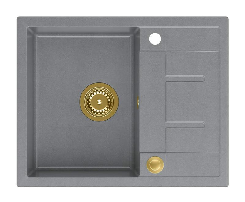 Quadri Dalton šedý žulový dřez s odkapávací plochou 62x50 cm se zlatou zátkou 1208967565