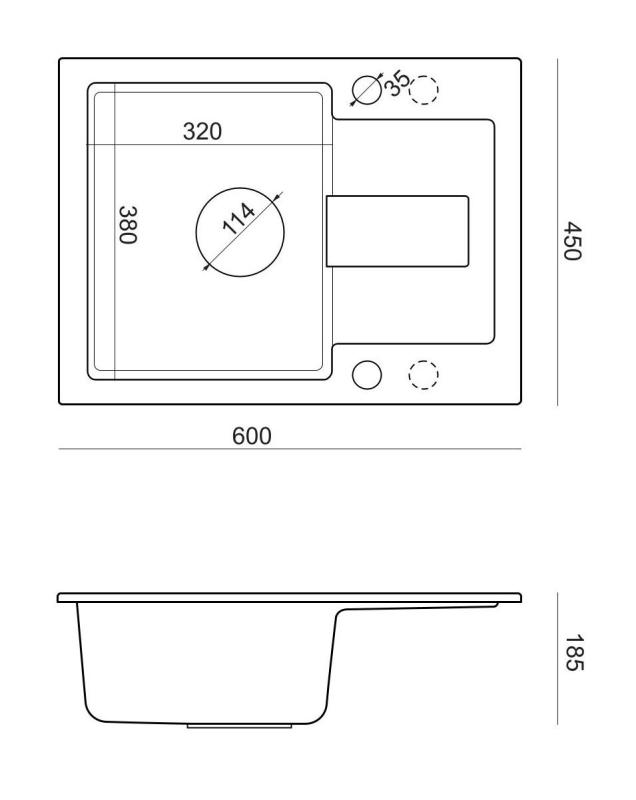 Quadri Sutton Antracitový Granitový Vestavný Dřez 60x45 cm s Odkapávací Plochou, Otočný s Černou Zátkou - 1208967586