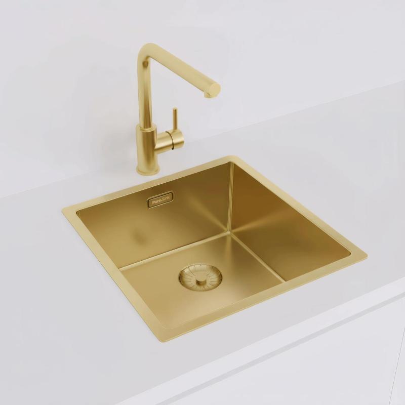 Pure.Sink Prestige dřez 40x40 cm PVD Zlato 10mm radius podstavba, rovná montáž a vestavba PPG4040-60.