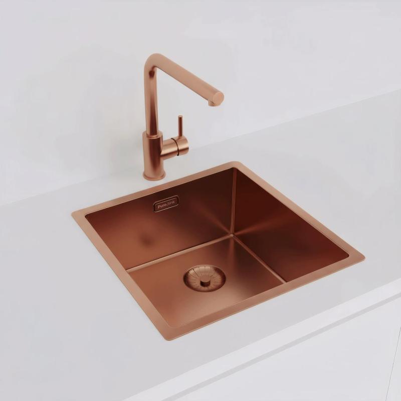Pure.Sink Prestige dřez 40x40 cm PVD Měď 10mm radius spodní montáž, plochá montáž a nástavbová montáž PPG4040-62