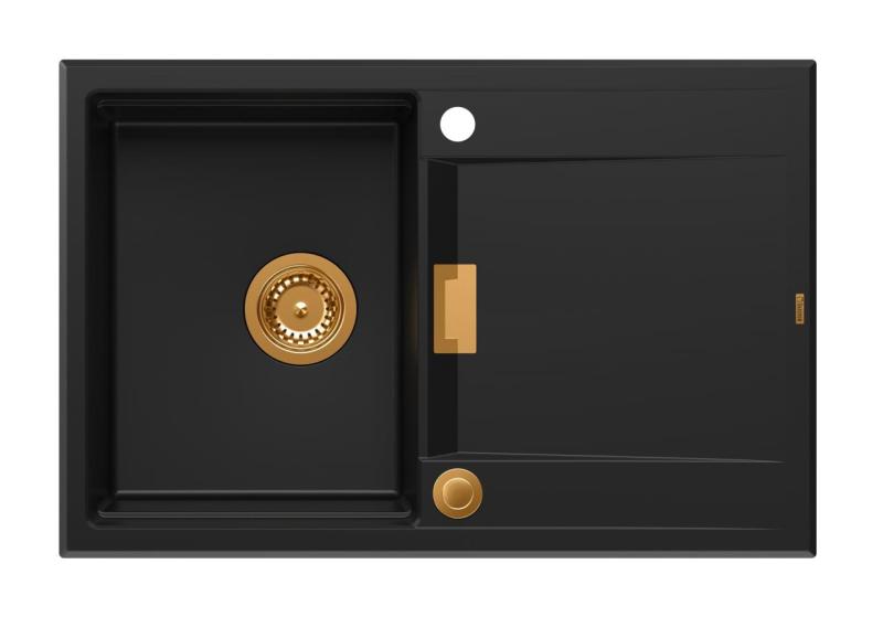 Quadri Minton Granitový Nástavbový Černý Dřez 76x50cm s Odkapávačem Obojestranný a Měděná Zátka 1208967740