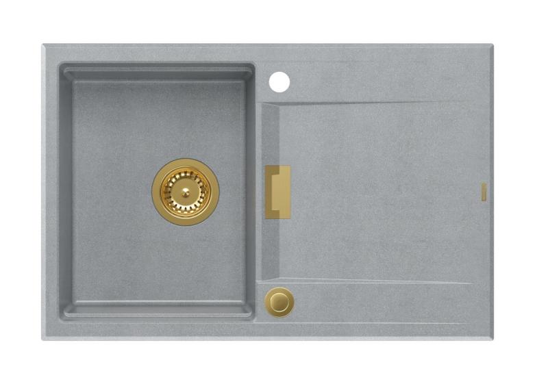Quadri Minton Žulový Nástavný Šedý Dřez 76x50cm s Odkapávačem Otočný a Zlatý Zátka - 1208967742