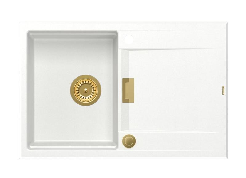 Quadri Minton Granitový Dřez Bílý 76x50cm s Odkapávačem, Obojestranný a Zlatou Zátkou - 1208967748