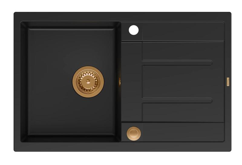 Quadri Sheffield Černý Granitový Vestavný Dřez 78x50cm s Odkapávací Plochou a Měděnou Zátkou - 1208967804