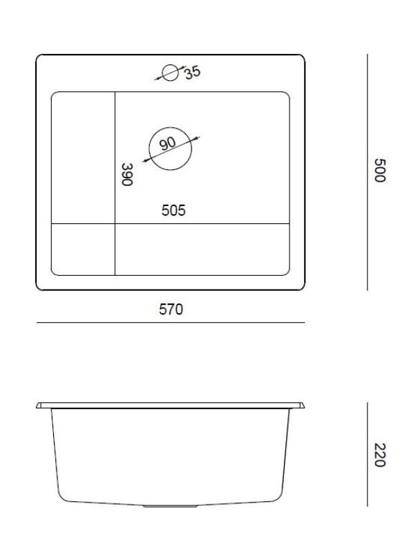 Quadri Sheffield Antracit Žulový Nádechový nebo Montážní Dřez 57x50 cm s Plochou pro Baterii a Zlatou Zátkou - 1208967813