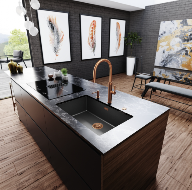 Franke Mythos Masterpiece Kuchyňská baterie Měď s J-ramenem a výsuvnou sprchovou hlavicí - 115.0711.557