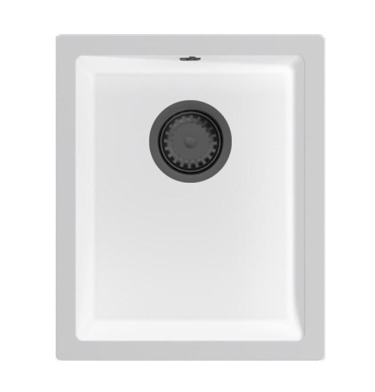 GraniteMy Universal Bílý žulový dřez 34x40 cm bílý nadstavbový a zapuštěný s gun metal zátkou 1208967904