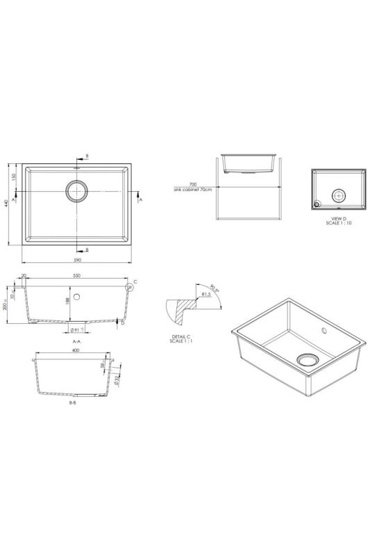 GraniteMy Universal Granitový Bílý Dřez 55x40 cm nástavba, podstavba a plochá montáž s uzávěrem gun metal - 1208967933