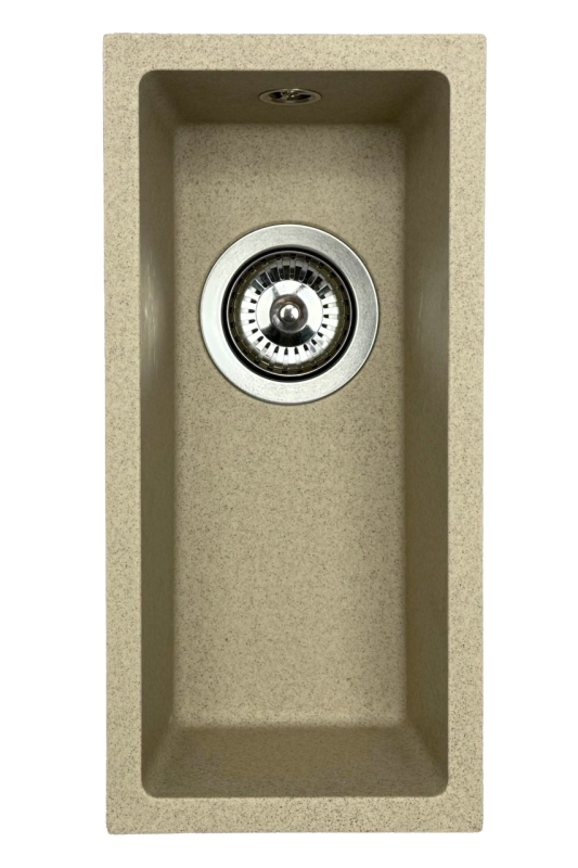 GraniteMy Universal žulový béžový pískový malý dřez 17x40 cm nadstavba, spodní montáž a plochá montáž s nerezovou zátkou 1208968002