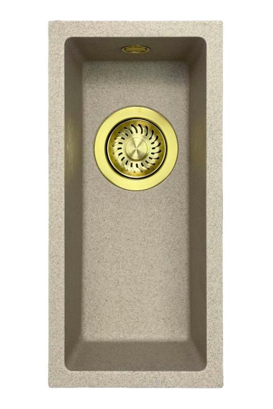 GraniteMy Universal granitový béžový písek malý dřez 17x40 cm na pracovní desku, pod pracovní desku a rovnoběžný se zlatou zátkou 1208968003